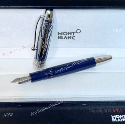 New 2024 Copy Montblanc 100 years of Meisterstuck Fountain -Blue  Silver